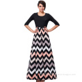 Kate Kasin Women's 3/4 Sleeve High Stretchy Contrast Color Wave Stripe Maxi Dress KK000238-1